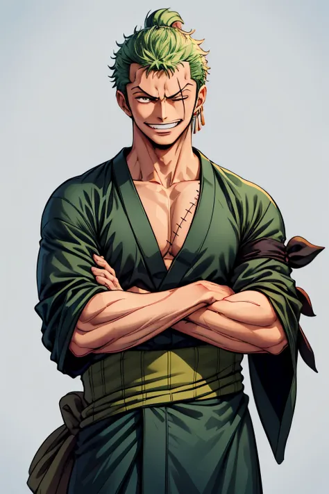 (masterpiece, best quality:1.2), cowboy shot, solo, male focus, 1boy, roronoa zoro, scar, muscular male, grin, looking at viewer...