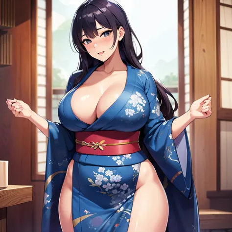 adult woman, very big breasts, valley, wet body, beautiful kimono, Are standing, sexy, high resolution, highest quality, in detail