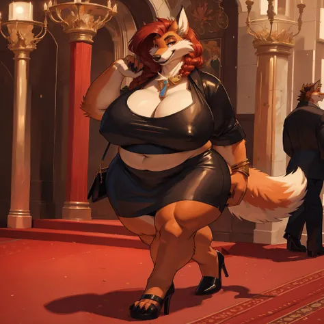 By darkgem, by meesh, by kevinsano, by gillpanda, solo, soft figure, curvy, chubby, bbw, fat, heavycreature, vixen, female, milf, older woman, furry body, (orange fur:1.2), white chest and belly, wide body, short woman, (short:1.3), shortstack, wide hips, ...