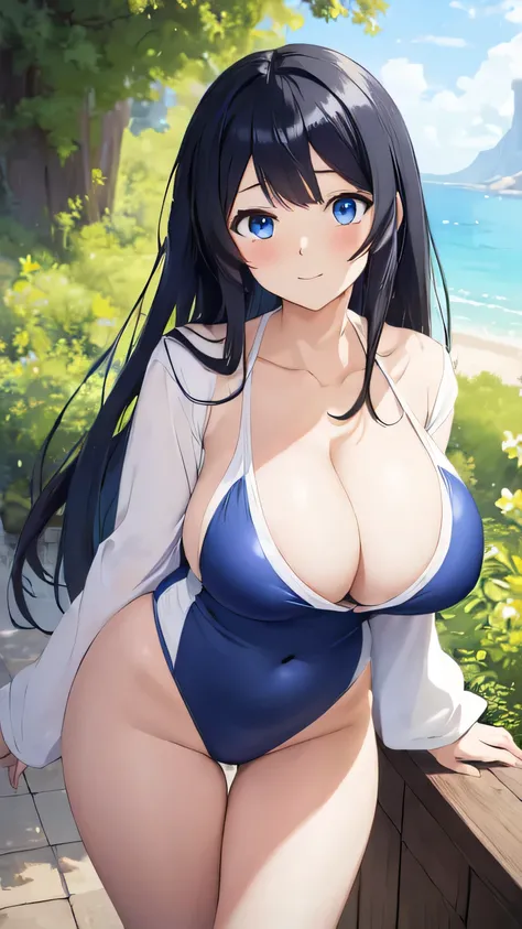 (((masterpiece))),Nejire hado, Anime girl characters, 1girl, solo, looking at viewer, medium hair, Black hair hair,blue eyes, long sleeves, cleavage, bigger breasts, , collarbone, Swimsuit, tall girl, horny, big ass, beautiful face,Charming, Tight-fitting ...