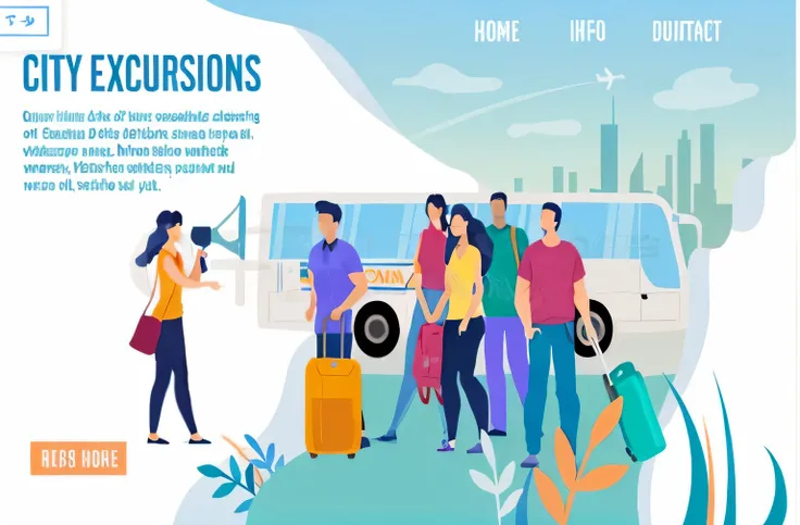 A group of people standing in front of a bus and a truck, flat illustration, Full page illustration, Website avatar, tourists in background, Professional illustration, Professional illustration, business illustration, Simple explanation, business banner, S...