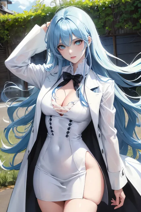 (highest resolution, clear_image) highest quality, a females masterpiece, very detailed, semi-realistic,(most of the body), (highest quality, masterpiece, Super realistic),blue hair, wolf cut, Torn black bangs, open jacket, shadows on the eyes, long hair, ...