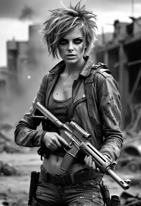 photorealistic, (Masterpiece photo in shades of gray, woman with disheveled hair and tiny post-apocalyptic clothes), cute sexy, holding a gun, in dinamic, splash and explosive, ultra sharp focus, Detailed face, short hair, Beautiful eyes, whole body, high ...