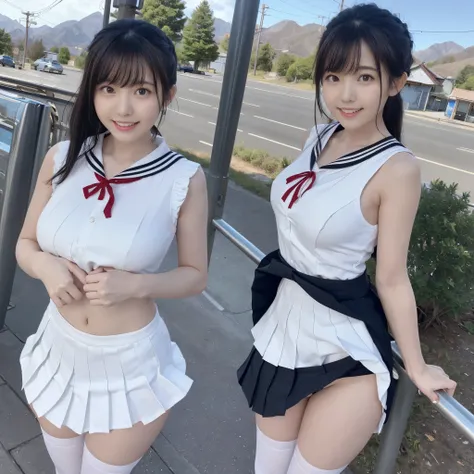 (nsfw、sailor suit、High School Uniforms、white dress shirt、black hair、japanese 、black micro mini skirt、pleated skirt、smile、beautiful teeth alignment、Are standing、sleeveless、the skirt is turned up、White string panties、black knee high socks、from below、groin、bl...