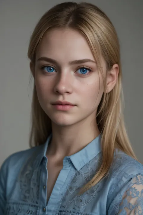 Breathtaking cinematic still headshot of a 15 year old girl with blonde hair and blue eyes, blue filigree, shirt, intricate details, shallow depth of field, vignette, highly detailed, high budget Hollywood film, Bokeh, Cinemascope, Moody, epic, gorgeous, f...