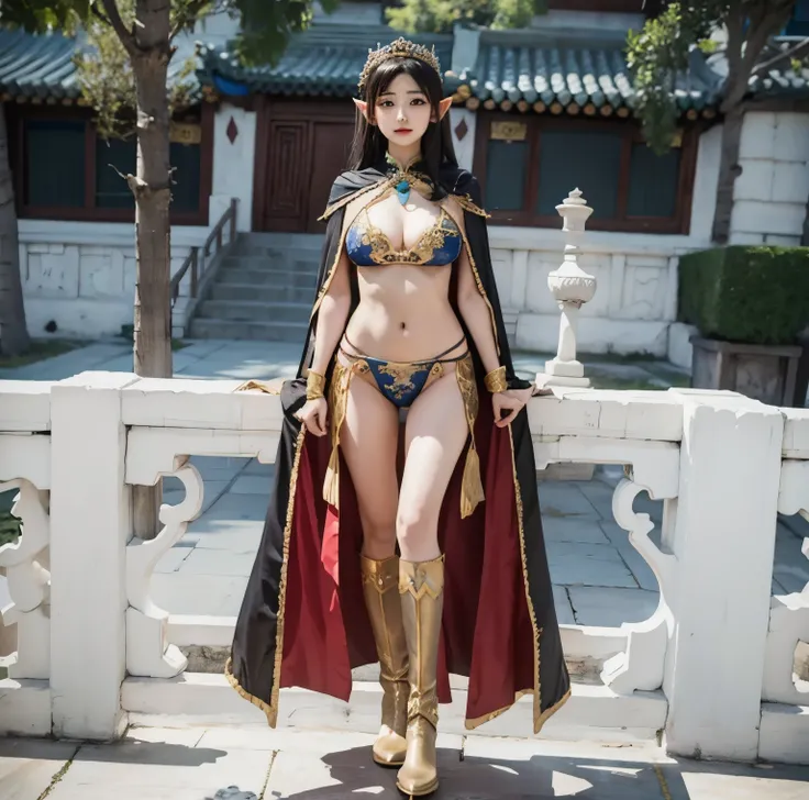 Araf woman in bikini and cape posing for photo, full body xianxia, long legged girl，put on boots，Beautiful fantasy queen, 穿着fantasy costumes, Gorgeous role play, Queen of the Sea Mu Yanling, cosplay photos, fantasy costumes, Anime Girls Cosplay, elegant Fa...