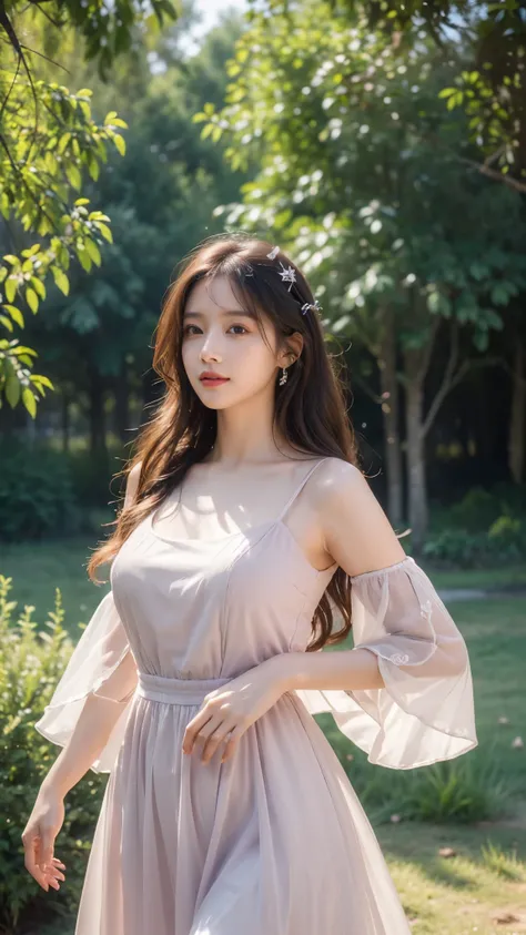 ((masterpiece:1.4)、(highest quality:1.4)、(realistic:1.7))、master piece:1.4、(Finest rendering:1.4), Ray Tracing, 64k, (shining Purple dress, long fluttering hair, radiant skin) is dancing gracefully in a field of Acacia trees, The scene is captured in an ex...