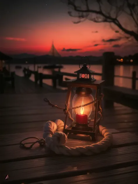 a close up of a lantern on a rope on a dock, boat with lamp, soft warm light, warm glow from the lights, lantern light besides, warm light, lantern light, dark warm light, by Adam Marczyński, lit in a dawn light, warm glow, warm lights, evening ambience, w...