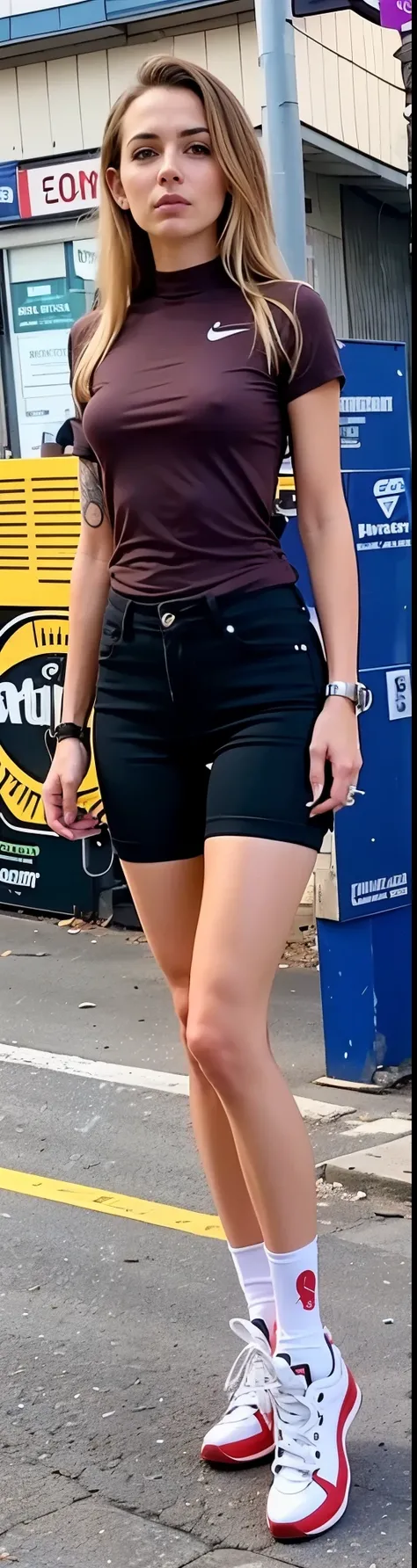 mulher arafada com camisa roxa e short preto parada ao lado de uma placa, coxas close up, vestindo shorts pretos, visible legs, large coxas, exposed coxas, joelhos dobrados, exposed coxas!!!, coxas, round coxas, very short pants, In shorts, close nas perna...