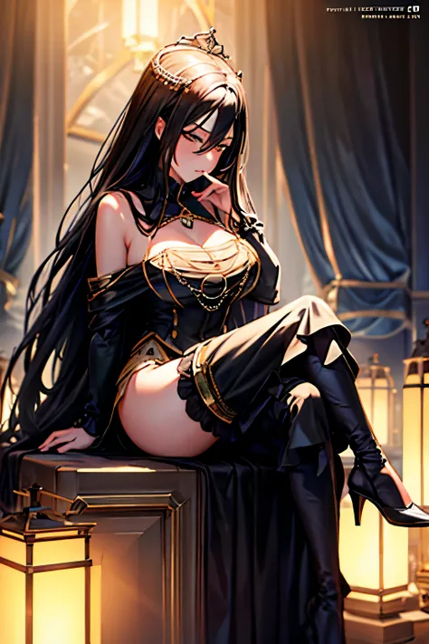 best quality,4k,8k,highres,masterpiece:1.2, ultra-detailed, realistic:1.37, HDR, UHD, studio lighting, extreme detail description, professional, vivid colors, bokeh, portraits, sexy, confident, elegant, black high-heeled shoes, woman sitting on a pedestal,...