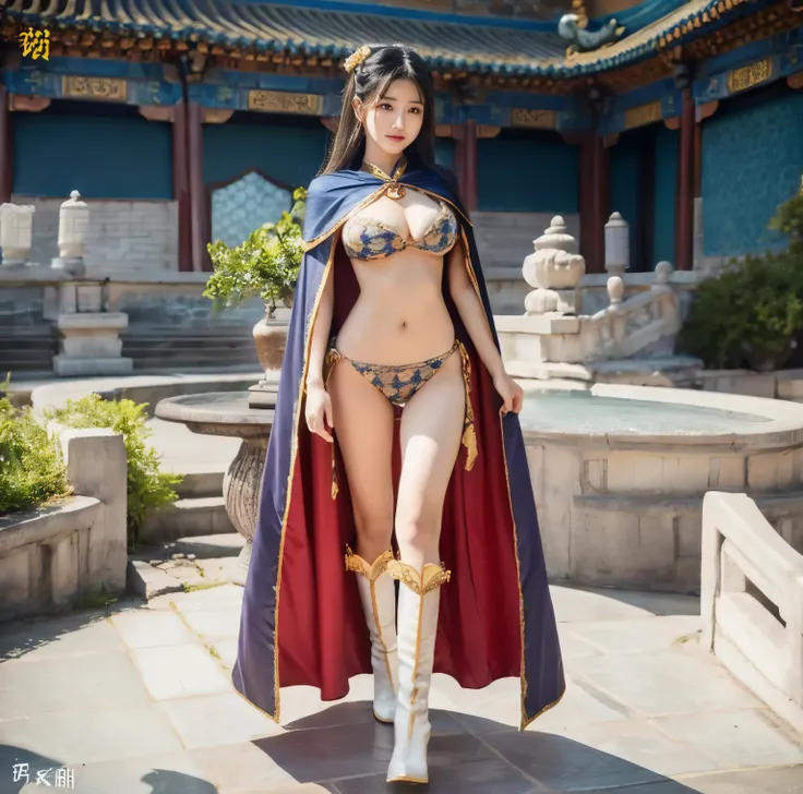 Araf woman in bikini and cape posing for photo, full body xianxia, long legged girl，put on boots，huge breasts，Beautiful fantasy queen, 穿着fantasy costumes, Gorgeous role play, Queen of the Sea Mu Yanling, cosplay photos, fantasy costumes, Anime Girls Cospla...