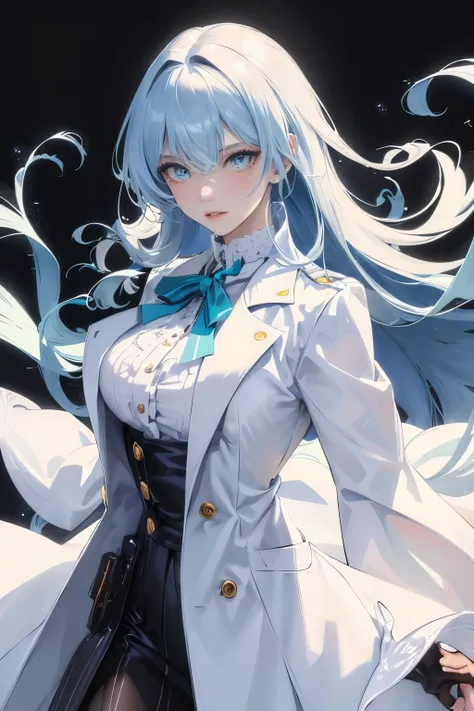 (highest resolution, clear_image) highest quality, a females masterpiece, very detailed, semi-realistic,(most of the body), (highest quality, masterpiece, Super realistic),blue hair, wolf cut, Torn black bangs, open jacket, shadows on the eyes, long hair, ...