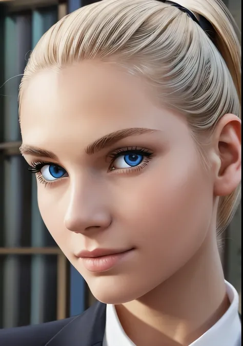 One Young Adult female, white and tender skin, pale blonde slicked back into a short ponytail, steel blue eyes, light and carefree expression, wearing black suit jacket and tie, portrait style, facing forwards