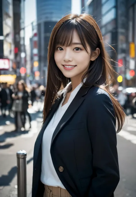 (((Morning City:1.3, outdoor, Photographed from the front))), ((long hair:1.3, suit,japanese woman,smile, cute)), (clean, natural makeup), (highest quality, masterpiece:1.3, 超High resolution), (Super detailed, caustics), (realistic:1.4, RAW shooting), very...