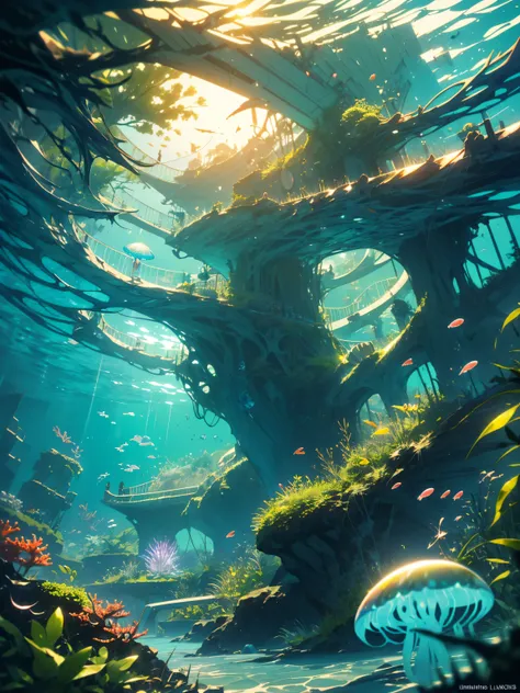 masterpiece, highest quality, (very detailed 、 8k wallpaper), (highest quality), (best illustration), (best shadow), ((girl swimming underwater))、Marine theme with natural elements. tall mangrove, rich marine plants, Luminous jellyfish, surrounded by schoo...