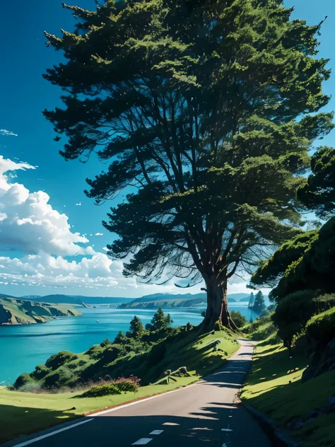 uhd, big tree on top of hill cliff, below the hill beautiful sea view and street trees, sunny day, summer –s 750 –c 50