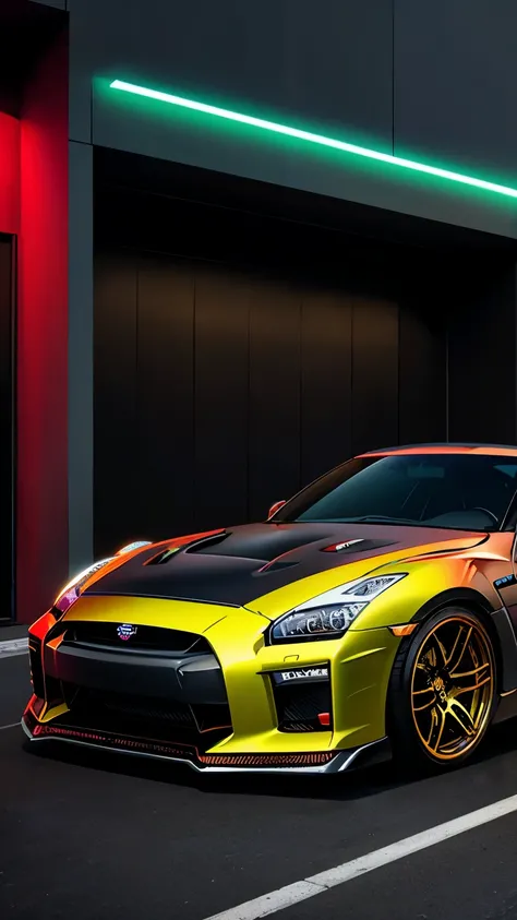 um gtr , preto com dourado com neon preto , com uma estada e o ceu estrelado 