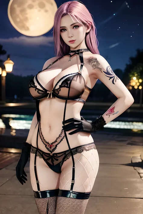 1 girl,standing posture,((halter neck, bare shoulders, pantyhose, bodysuit, see-through,lingerie, fishnets)), outdoor,elegant,nighttime,moonlighe,shiny skin,( huge breasts), red lips,( tattoos:1.3), masterpiece, best quality, realistic ,Rich artistic color...