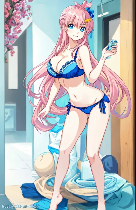 anime girl in a blue bra with a white bow and blue panty、long pink hair girl、blue eyed girl、seductive anime girl、clothing:blue bra、blue panties、anime moe art style、big breasts、girl with very big breasts、(anime girl)、attractive anime girl、naughty anime styl...