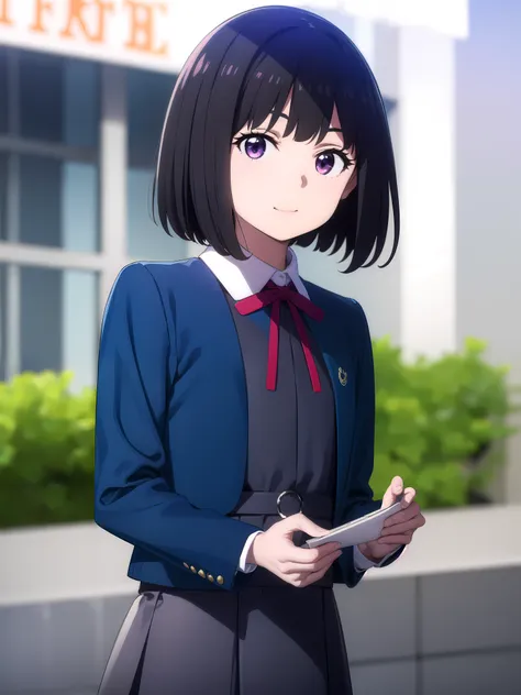 1girl, solo, , yuigaoka ,  blue jacket, jacket, long sleeves, looking at viewer, neck ribbon, red ribbon, ribbon, skirt, (smile:0.7), upper body, bob hair, short hair, short bob hair, bob cut, haircut, undercut buzzhair, purple eyes