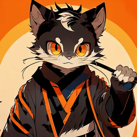 master piece, top-quality，best qualityer，4k, highly detailed, rzminjourney，vectorial art，High quality illustrationtiz，tmasterpiece）（komono，furry anthro），black cat, orange eyes, sharp theet，orange background，samurai，robe, ronin, Super detailed illustration，...