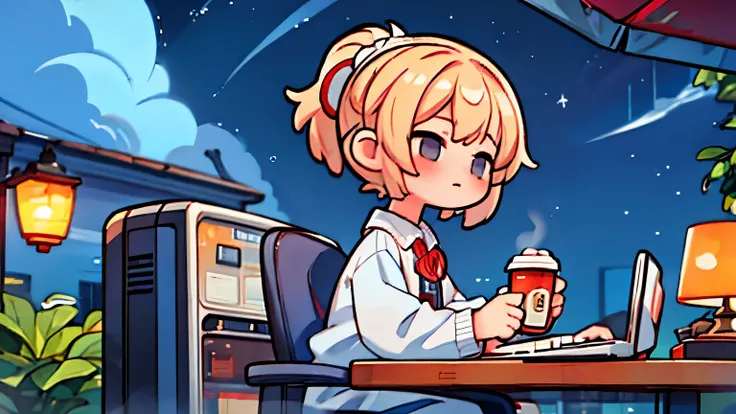 girl listening to jazz、Working on a computer with a cup of coffee in hand、The night sky is in the background、It says lofi on the top right