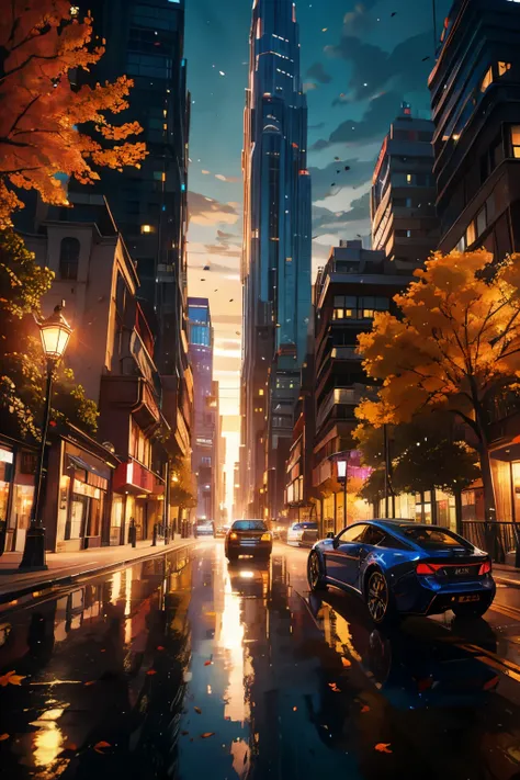 SKYLINER32, (A dazzling sports car is parked elegantly on a street blanketed with autumn leaves:1.3), Fall foliage, Global illumination casts a warm glow, Volumetric lighting adds depth and texture, Best quality CGI rendering, Highly detailed and lifelike ...