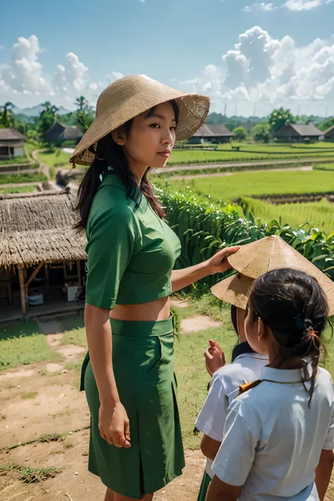 A photorealistic image of a female teacher in a traditional Vietnamese village setting, wearing a light green uniform and sun hat as she stops to instruct a group of elementary school students in uniform along a countryside road. Behind her is a vast green...