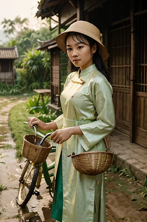 A young Vietnamese woman stands dressed in a traditional green áo dài on a rural dirt path holding the handlebars of her rustic bicycle. Behind her stretches a picturesque Vietnamese countryside filled with lush bamboo thickets and endless rice paddies sti...