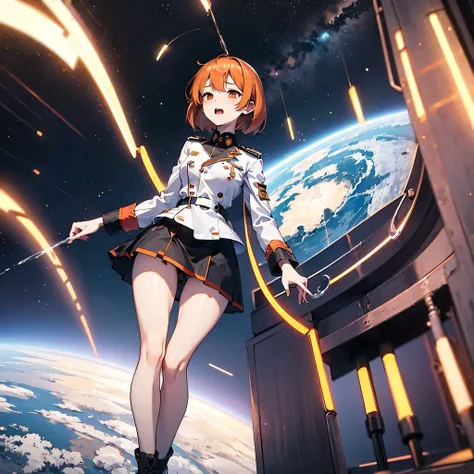 (solo:1.2), 1 childish girl standing in space ship, galaxy in distance, military uniform, too short skirt, (short orange hair), (very long sidelocks), narrow shoulders, narrow waist, skinny long legs, thigh gap, pigeon toed, (nsfw:0.7), orgasm, vagina squi...