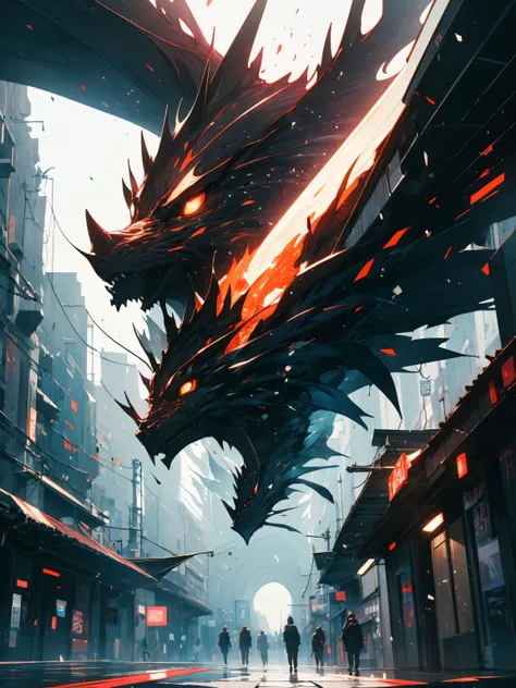 (highest quality、masterpiece、High resolution、detailed)、(Shining eyes、detailed beautiful face)、8K, ultra hd, Types of backgrounds, Cyberpunk Anime, white building, White Tower, fantasy, , White cybernetic dragon on background, landscape、beautiful anime