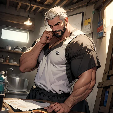 Melhor qualidade, obra de arte, super high resolution, fundo detalhado, realista, illustration, Solteiro, 1 menino, middle-aged muscle man, barba grisalha, golpe, Rua, muscular, gray facial hair, homem de meia-idade, short gradient hair, volumetric lightin...