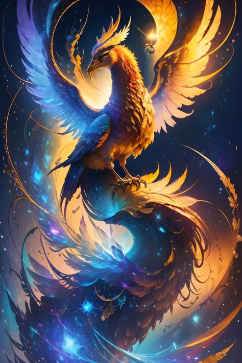 ((Obra maestra)), alta calidad, impresionantes ilustraciones, majestic phoenix, llamas ardientes, plumas iridiscentes, destellos de luz, fondo oscuro, mysterious atmosphere, arte digital detallado y cautivador.