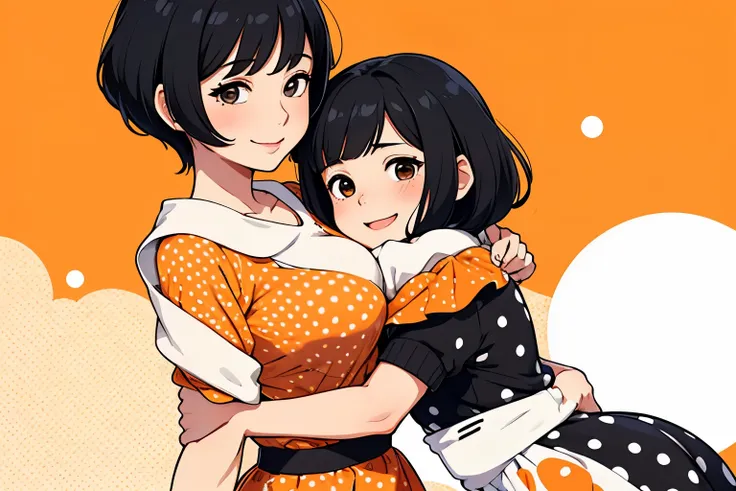 momとdaughterの感動の再会、hug each other,smile、
"mom:(clothing:orange polka dot dress)、（hairstyle：shortcut、black hair）"
"daughter：(clot...