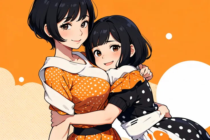 A touching reunion between mom and daughter、hug each other,smile、
"mom:(clothing:orange polka dot dress)、(hairstyle:shortcut、black hair)"
"daughter:(clothing:Knitted Bottom、white skirt),(hairstyle:long、black hair)"
