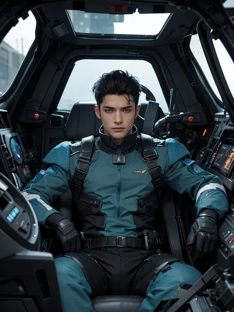 A handsome man. eighteen. Black hair. The man wears a blue-black metallic combat uniform. He is looking at the camera with a defiant expression. He is sitting in the robots cockpit.