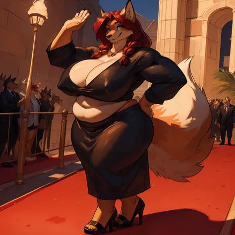 By darkgem, by meesh, by kevinsano, by gillpanda, solo, soft figure, curvy, chubby, bbw, heavycreature, vixen, female, milf, older woman, furry body, (orange fur:1.2), white chest and belly, wide body, short woman, (short:1.3), shortstack, thick legs, musc...