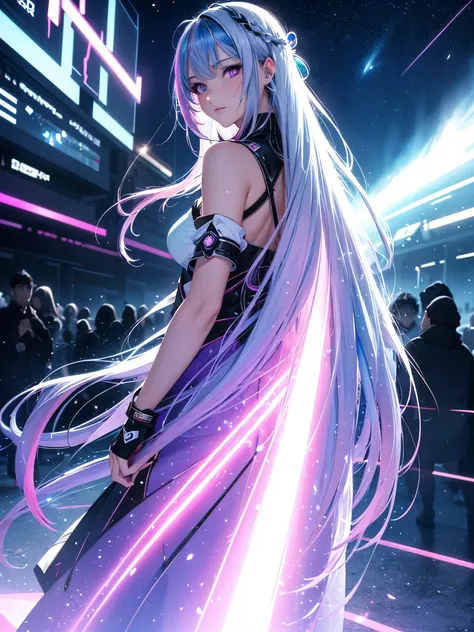 1 girl, 20 year old girl, one person, (Silver blue hair streaked pink purple:1.4), (Gradient sky blue hair ends:1.6), hair strand, absurdly long hair, single sidelock, wavy hair, shiny hair, floating hair, (Illusion deep purple eyes), delicate eyes, aqua e...