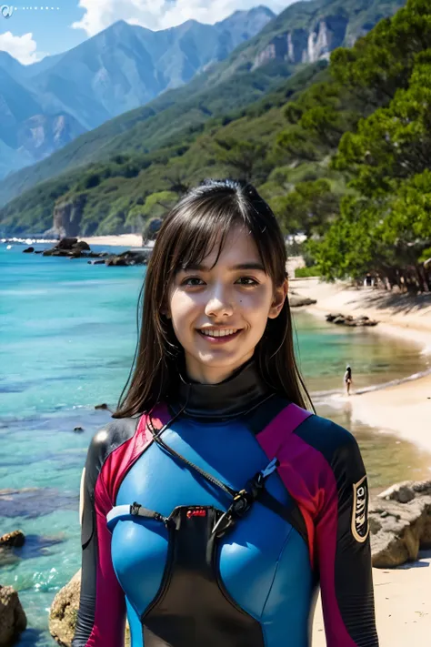 (best quality,4k,8k,highres,masterpiece:1.2),ultra-detailed,(realistic,photorealistic,photo-realistic:1.37),（1 beautiful 17-year-old girl wearing diving suit:1.5), (the diving suit is designed futuristic and hyper detailed:1.5), (A full-body wetsuit that f...