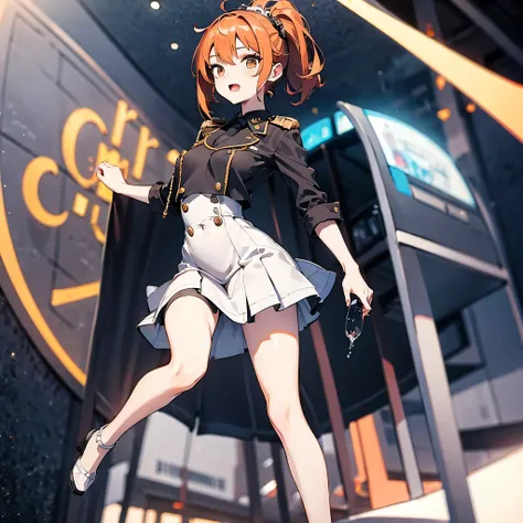 (solo:1.2), 1 childish girl standing in space ship, galaxy in distance, military uniform, too short skirt, (short orange hair), (very long sidelocks), narrow shoulders, narrow waist, skinny long legs, thigh gap, pigeon toed, (nsfw:0.7), orgasm, show off va...