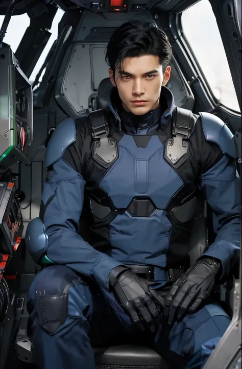 A handsome man. eighteen. Black hair. The man wears a blue-black metallic combat uniform. He is looking at the camera with a defiant expression. He is sitting in the robots cockpit.