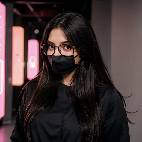 Long straight hair black black mask glasses pink blouse written bad princess