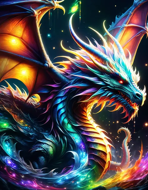 Dragons, warriors, magicians and healers,Dungeons & Dragons worldview,Light and shadow,Image for game introduction,dynamic,dragon vs human,masterpiece,best masterpiece,highest quality,rendering,rich colors,cast colorful spells,dream-like,Detailed details,I...