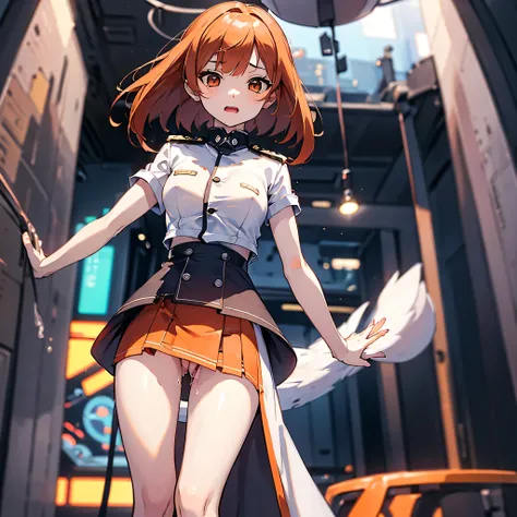 (solo:1.2), 1 childish girl standing in space ship, zero gravity, galaxy in distance, military uniform, too short skirt, (short orange hair), (very long sidelocks), narrow shoulders, narrow waist, skinny long legs, thigh gap, pigeon toed, (nsfw:0.8), orgas...