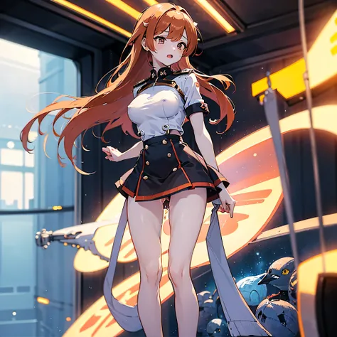 (solo:1.2), 1 childish girl standing in space ship, zero gravity, galaxy in distance, military uniform, too short skirt, (short orange hair), (very long sidelocks), narrow shoulders, narrow waist, skinny long legs, thigh gap, pigeon toed, (nsfw:0.8), orgas...