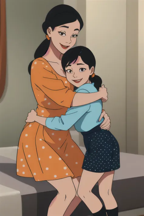 a touching reunion between mom and daughter、hug each other,smile、
"mom:(clothing:orange polka dot dress)、（hairstyle：shortcut、bla...