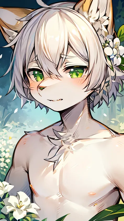 masterpiece，high quality，perfect anatomy，furry，anthro fox，white fur，whitehair，male， niji5，green pupils，bright eyes，detailed face，beside the gardenia flower，by kiyosan，close up face