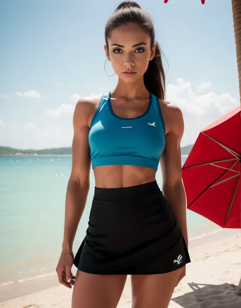 woman in blue tank top and black skirt on beach with red umbrellas, ,she is wearing a black tank top,. Fitness woman, fit woman, physically fit woman, full body photo, clear photo, high quality, high resolution, masterpiece, 8K.