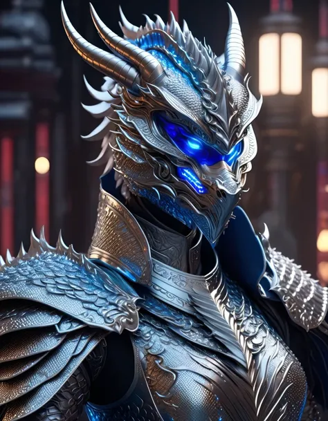 Gorgeous anthropomorphic portrait of a Chinese Dragon Rider, with big sparkling blue eyes, wearing exquisite and dominating chainmail silver armor, intricate platinum dragon metal design, hideous, dominating and majestic, Background: Cyberpunk Dungeon, Art...