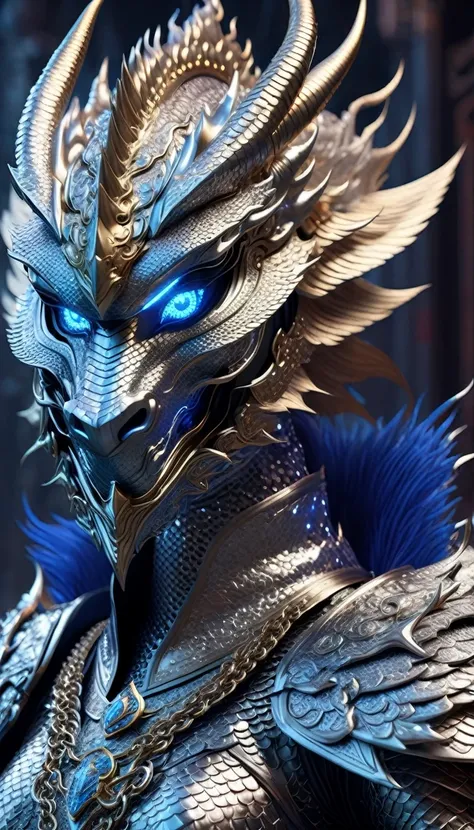 Gorgeous anthropomorphic portrait of a Chinese Dragon Rider, with big sparkling blue eyes, wearing exquisite and dominating chainmail silver armor, intricate platinum dragon metal design, hideous, dominating and majestic, Background: Cyberpunk Dungeon, Art...